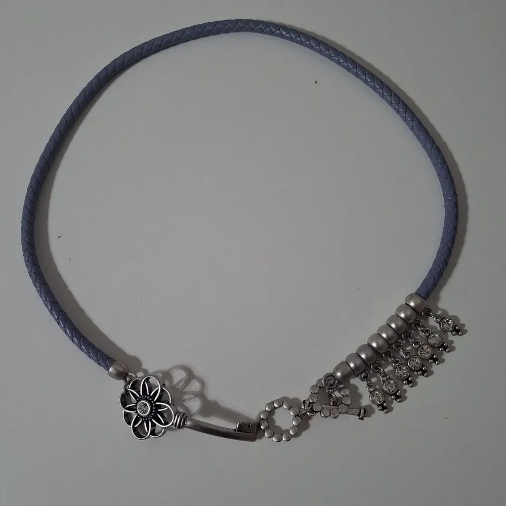 Premier Design Gray Blue Cord Silver Tone Flower Key Dangle Rhinestone Necklace